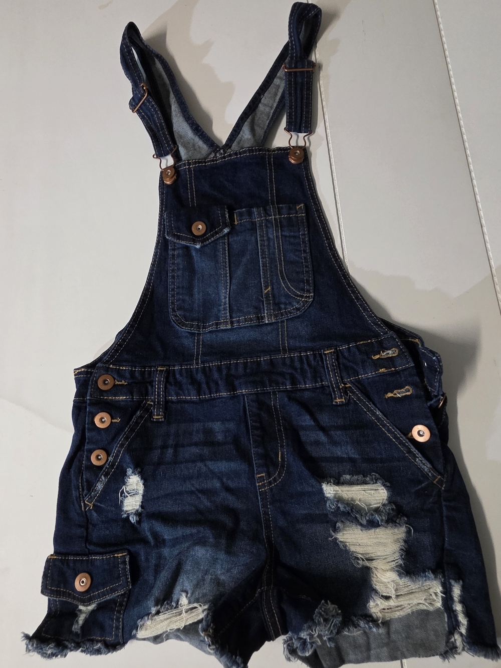 Dark Blue Distressed Denim Short Overalls for Girls